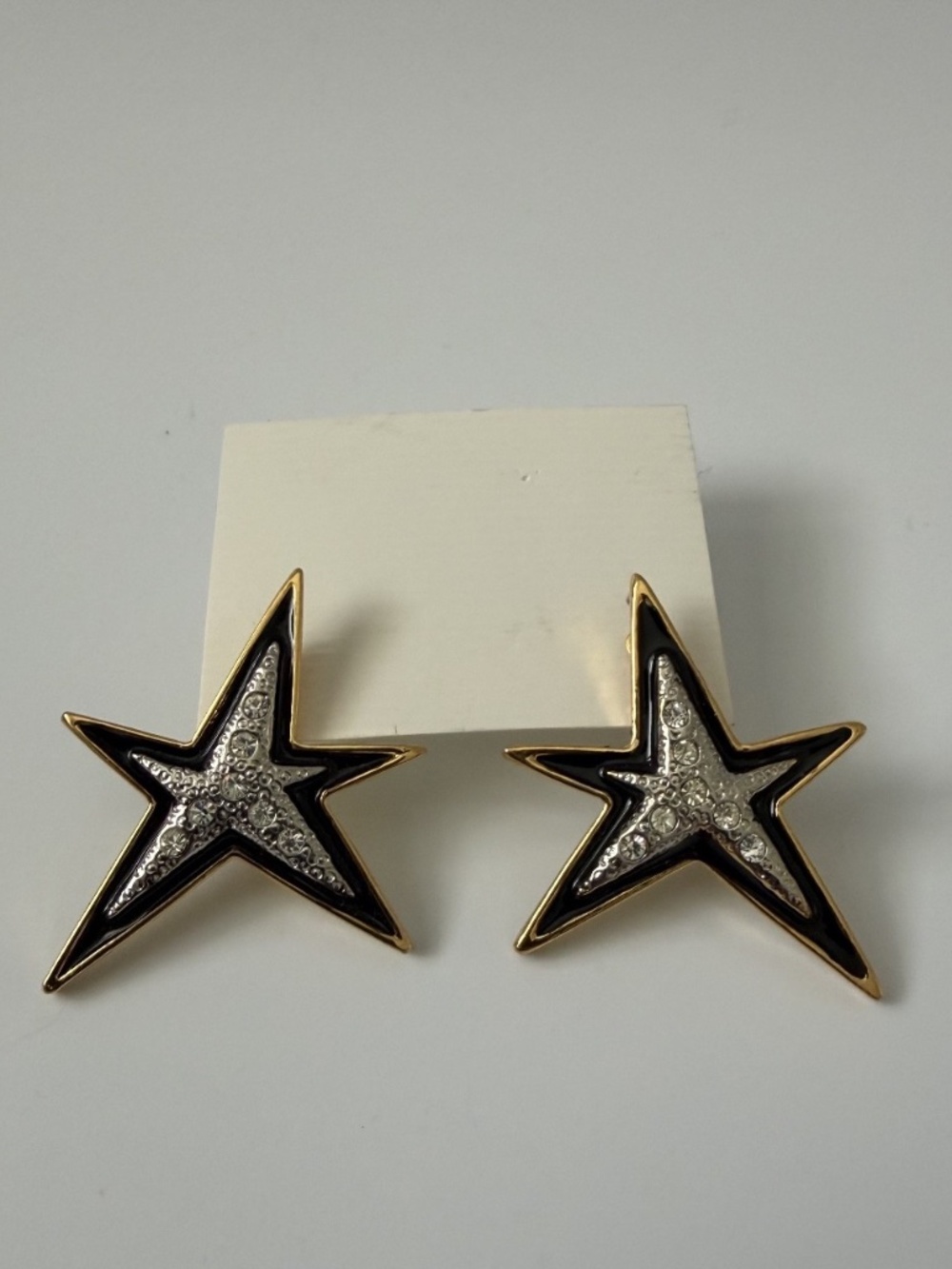 Vintage 80s 90s Black Gold Silver Sparkling Stars Post Earrings Retro Jewelry